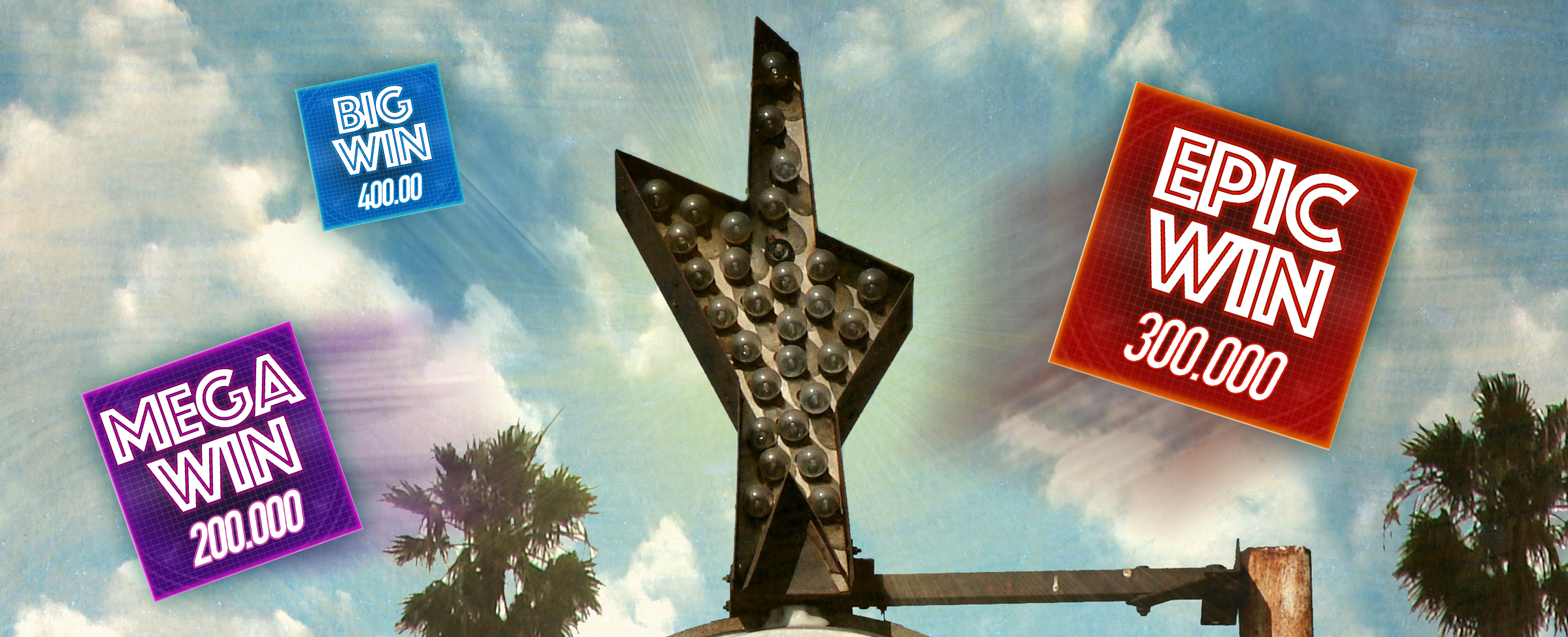 A bulb-filled Vegas-style industrial sign with a thick metal frame hangs on a steel pole. Surrounding the sign are three icons from the Cafe Casino slot game, Reels and Wheels, featuring the words Big Win 400, Epic Win 300, and Mega Win 200, respectively.