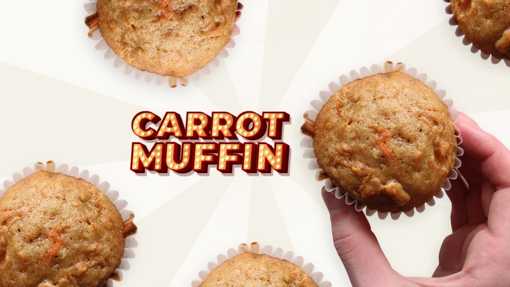 On top of a white background is a top-down view of carrot muffins in muffin tins, with the words 'Carrot Muffin' beside in Vegas-style lettering,