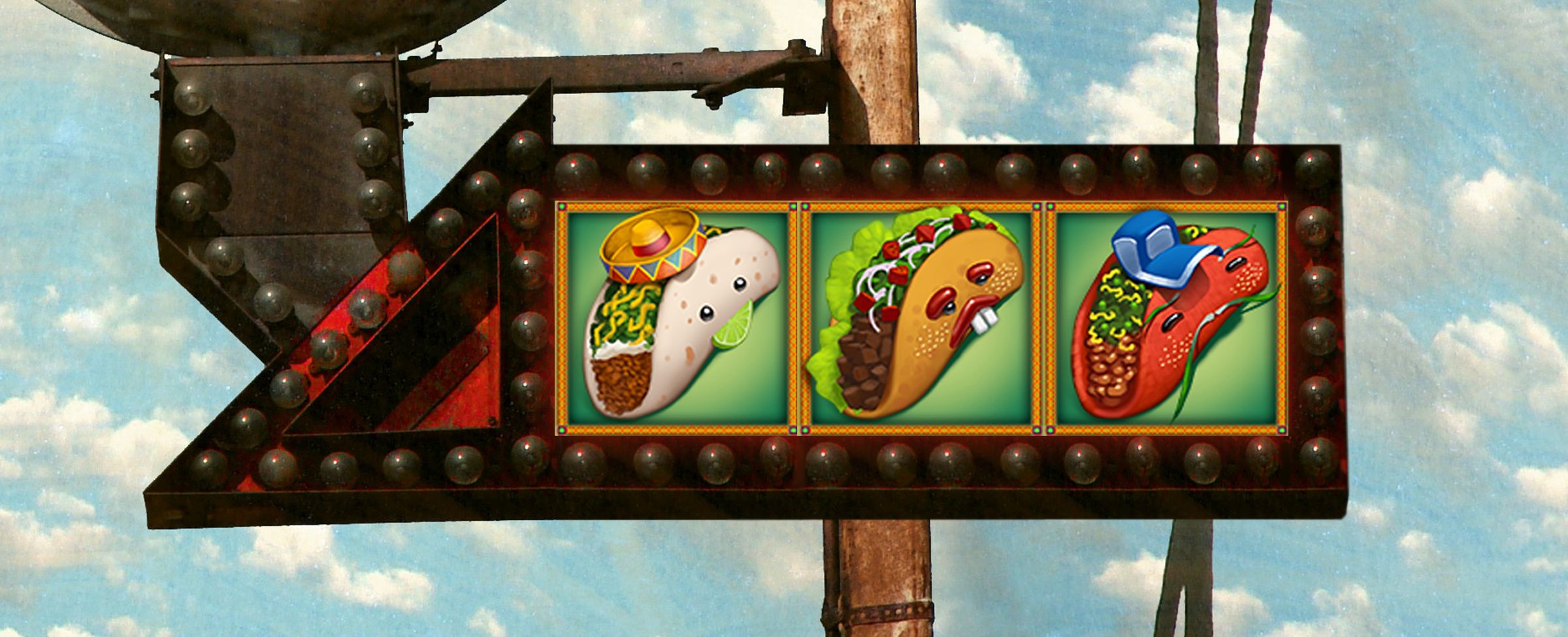 A thick steel industrial-style studded sign is pictured prominently, with three illustrations of Mexican tacos in white, yellow, and red - all from the Cafe Casino slot game, Amigos Fiesta. In the background is a slightly cloudy blue sky, with two thin palm tree trunks in the middle.