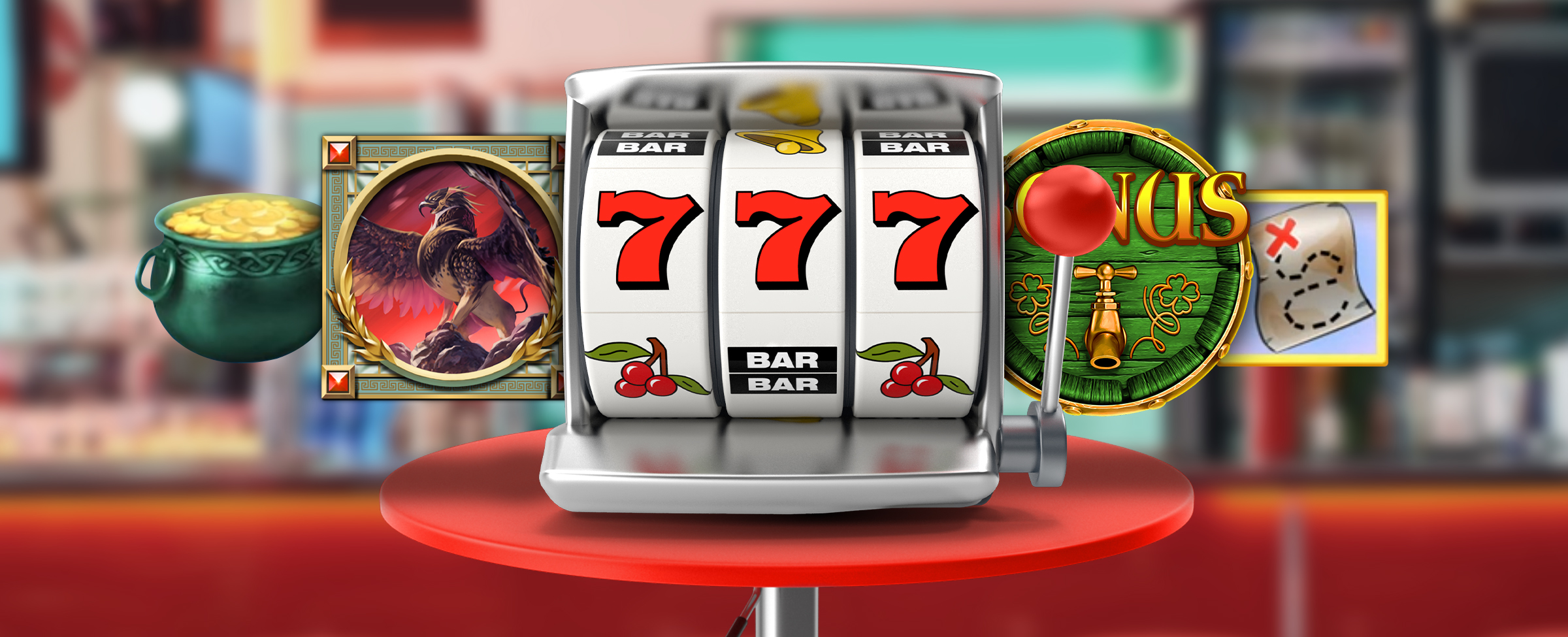 A 3D-animated old-school slot sits on a red diner’s table, while on either side, various game symbols from Cafe Casino’s online slot games are shown, including a green pot filled with gold, an eagle, a beer keg, and a treasure map. In the background is an out-of-focus American-style diner.