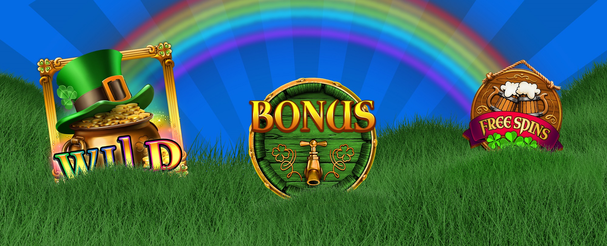 Three symbols from the Cafe Casino slot game, Larry’s Lucky Tavern, are wedged into lush long green grass, while in the distance, a rainbow appears over the horizon.