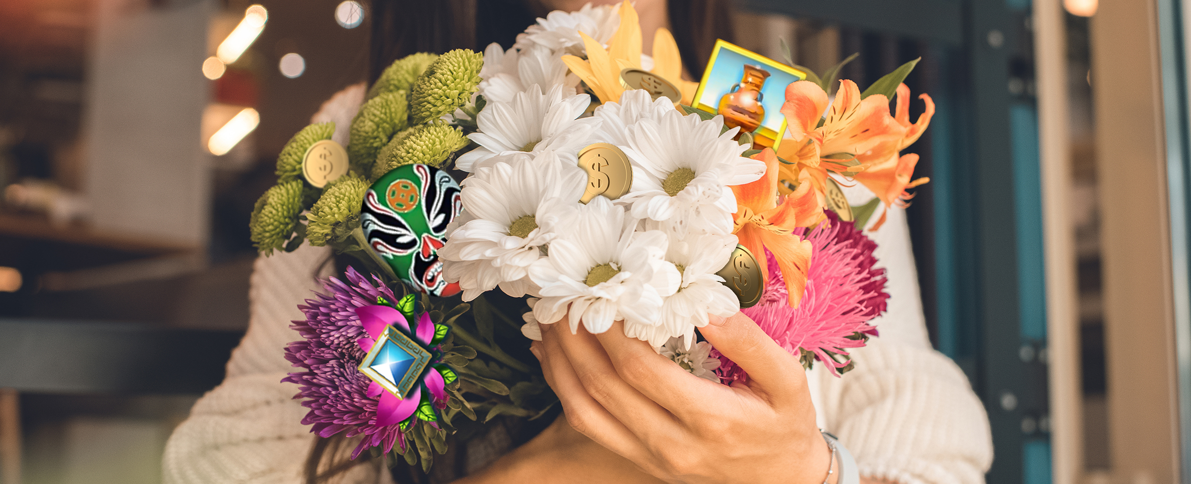 A woman wearing a white knitted sweater holds up a bouquet of colorful flowers, while coins and three symbols from Cafe Casino slots games sit amongst the bunch.