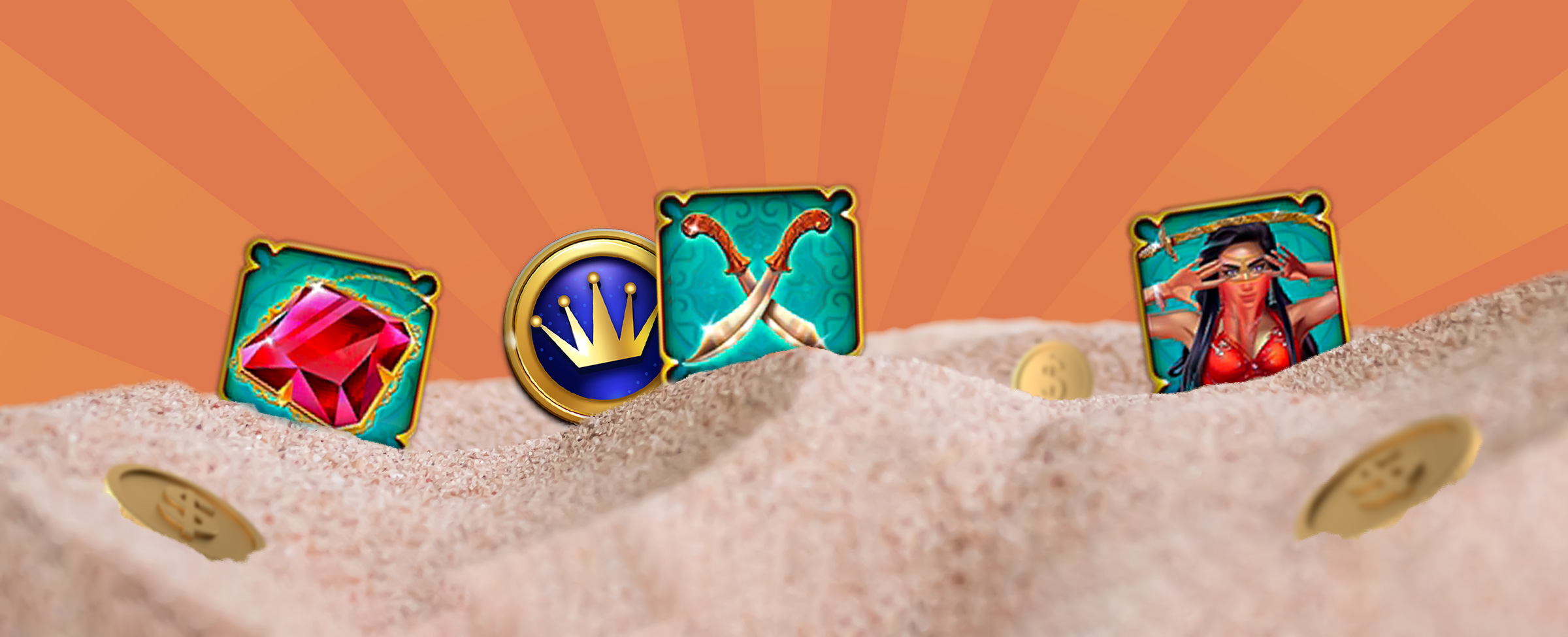 Several slots symbols from the Cafe Casino online slots game Oasis Dreams Hot Drop Jackpots, overlaid on an orange background.