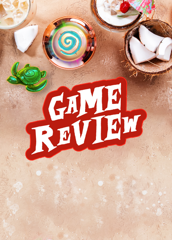 A copper table top is seen with the words “Game Review” overlaid in bold white and red font. Behind it, is an open coconut, a brass bowl, two cocktail drinks just peeking into the image from the top, and two game symbols from Cafe Casino’s slot game, Tiki Tower.