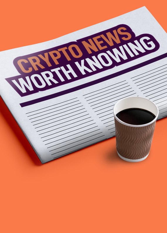 A 3D-illustrated newspaper rests folded on top of an orange table surface, with a brown cardboard coffee cup filled with black coffee sitting below. On the front page of the paper is a headline that reads “Crypto news worth knowing”.
