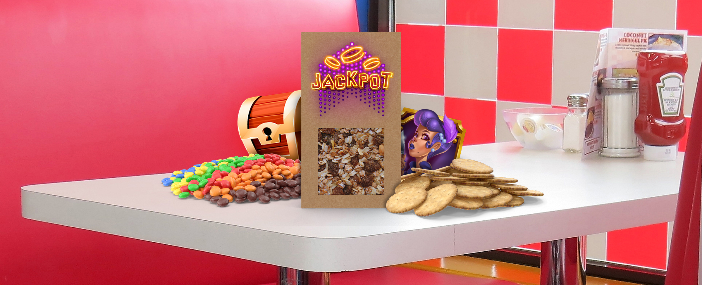 A cardboard packet of mixed nuts, with the word “jackpot” on top, sits on a white cafe counter, surrounded by cookies and candy. Either side of the packet are game icons from Cafe Casino slot games, including a 3D-animated treasure chest, and a female cartoon character with purple hair.