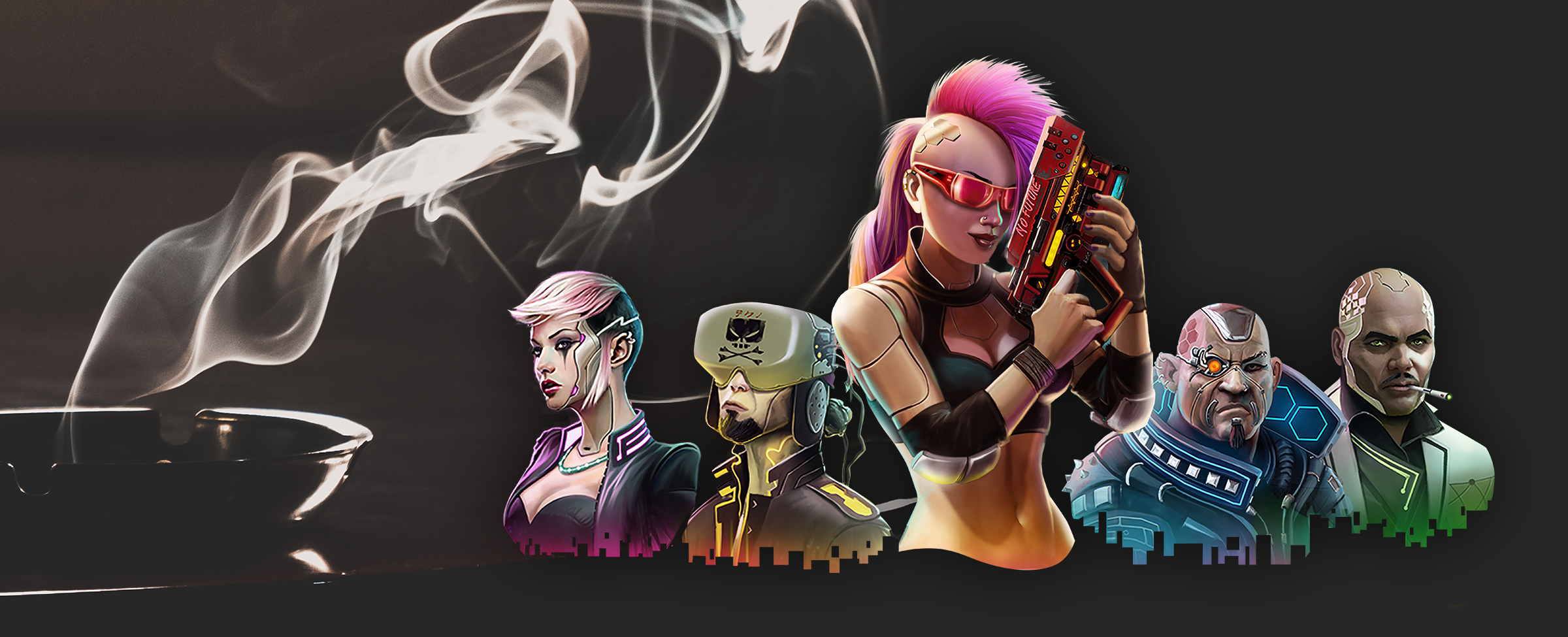 The main characters from the Cafe Casino slots game, Cyberpunk City, hover above a black table, to the right of a partially obscured smoking ashtray.