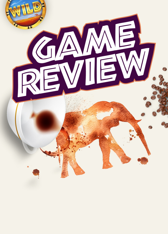 A white coffee cup is tipped on its side, spilling out coffee onto the white-surfaced table in the shape of an elephant. Above is text that reads “game review”, in purple outline. To the right is a small pile of roasted coffee beans, with a blue and gold icon appearing at the top featuring the word “wild”.