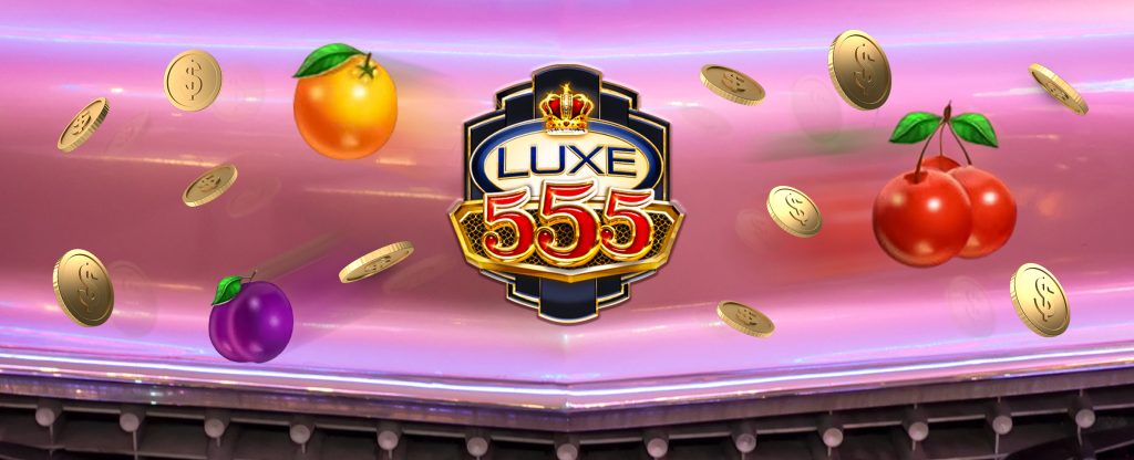 The front hood of a classic American car is displayed, painted in rainbow-purple, with a portion of the chrome bumper showing. On the hood is the logo from the Cafe Casino slots game, Luxe 555.