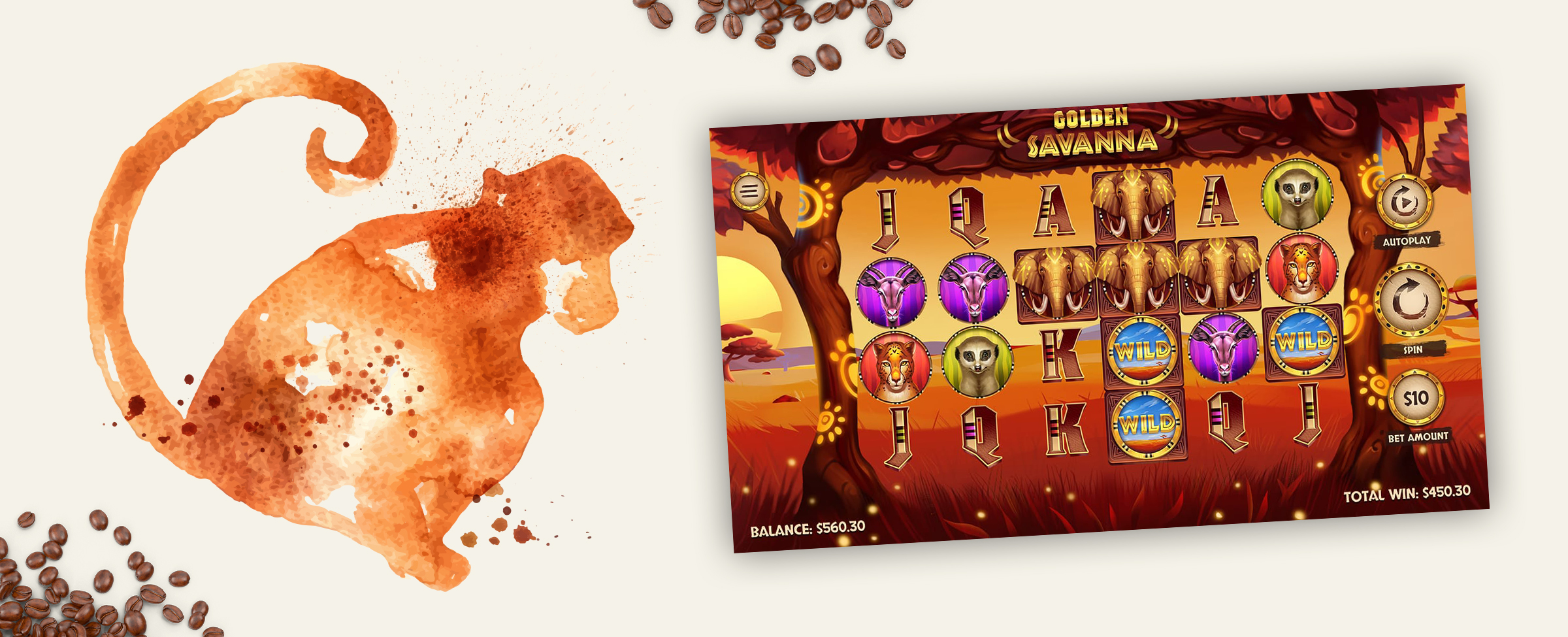 A coffee spill in the shape of a wild monkey on a white table surface is seen to the left of the image, while to its right, a screenshot from the Cafe Casino slot game, Golden Savanna Hot Drop Jackpots, sits atop the table, depicting the savanna desert with game icons and landscape illustrations.