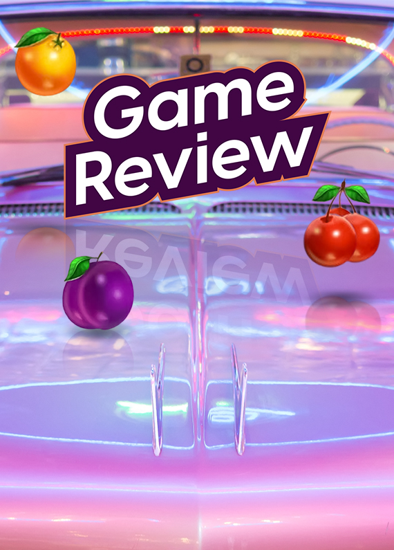 In large letters, the words “Game Review” is prominently featured in purple and white. Surrounding it are three animated fruit game icons from the Cafe Casino slots game, Luxe 555 - an orange, a purple plum, and two red cherries. In the background is a purple-rainbow American Cadillac, sitting in a cafe.
