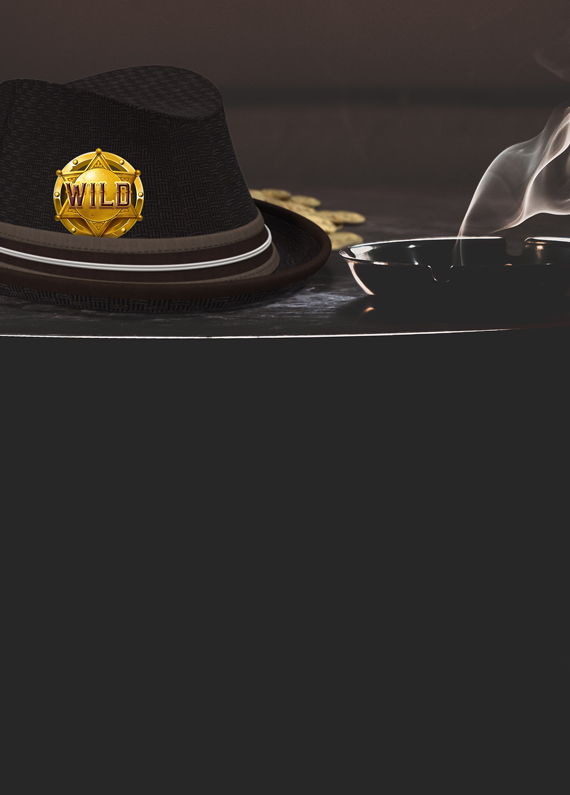 A black felt fedora sits on top of a pile of gold coins, placed on a marbled black table. To the right is a partially obscured ashtray with smoking billowing out.