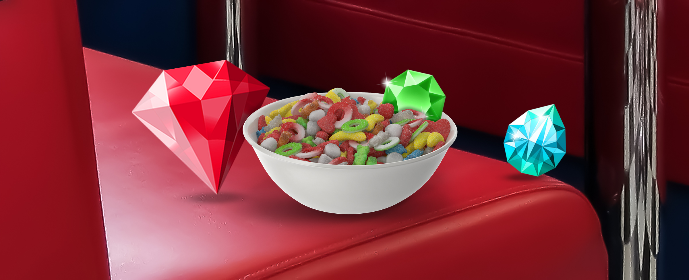 Sitting on top of a red diner booth seat is a white bowl of colorful cereal with a green gem sticking out of it. To the right is a large diamond, and to the left, a red diamond.