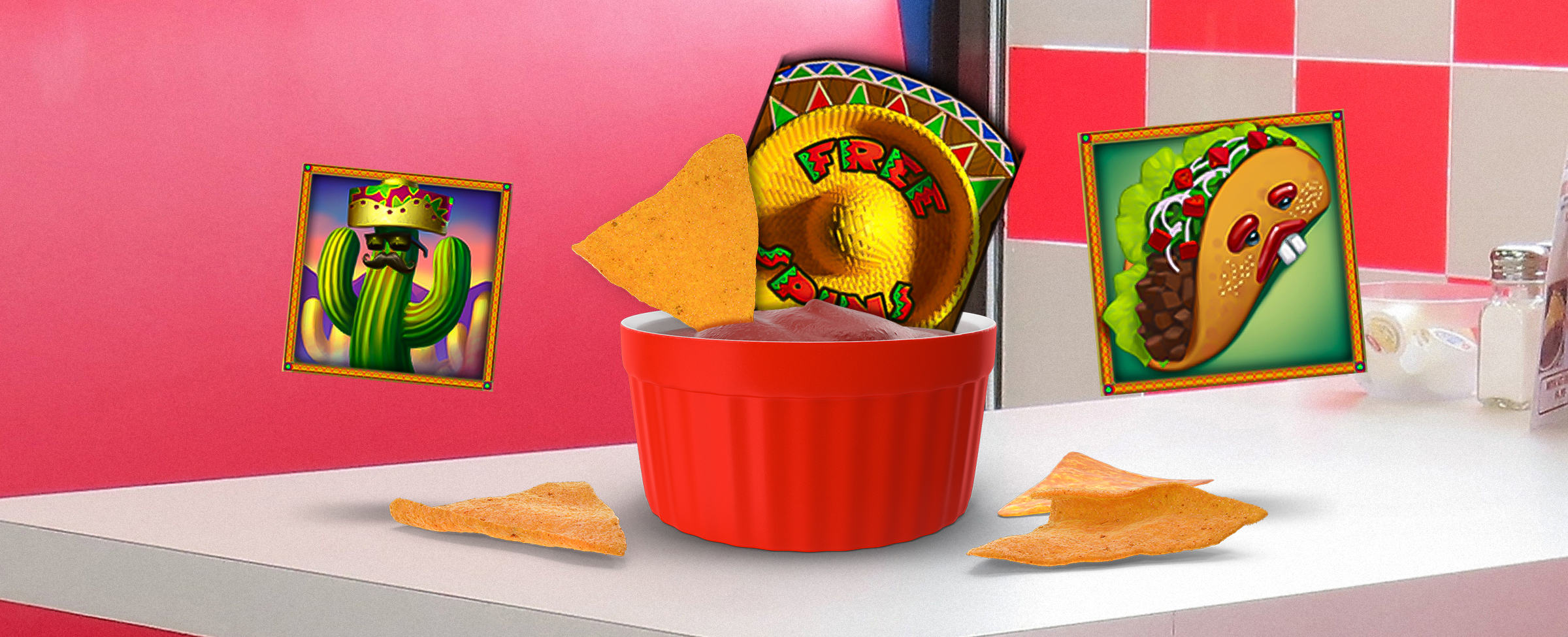 On top of a white cafe table top is a red ramekin filled with salsa and a corn chip wedged in it, with a straw Mexican hat that has the words “free spins” printed around the rim. To the right is an illustrated icon of a taco, while on the left, an illustration of a cactus wearing a sombrero, glasses, and mustache.