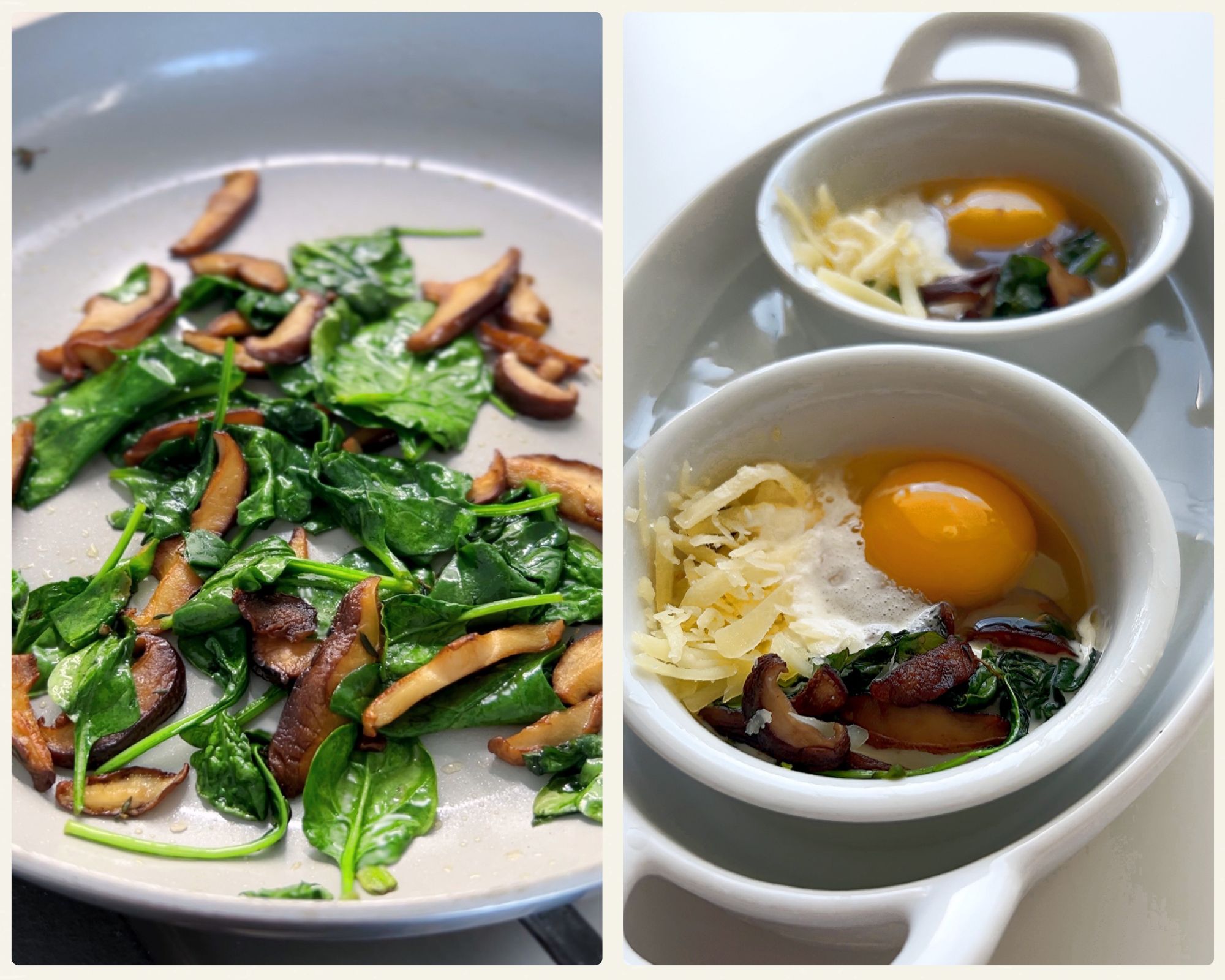 Two images, the left featuring a plate with sauteed spinach and mushrooms, and the right featuring small bowls with eggs, cheese and the spinach-mushroom mixture.