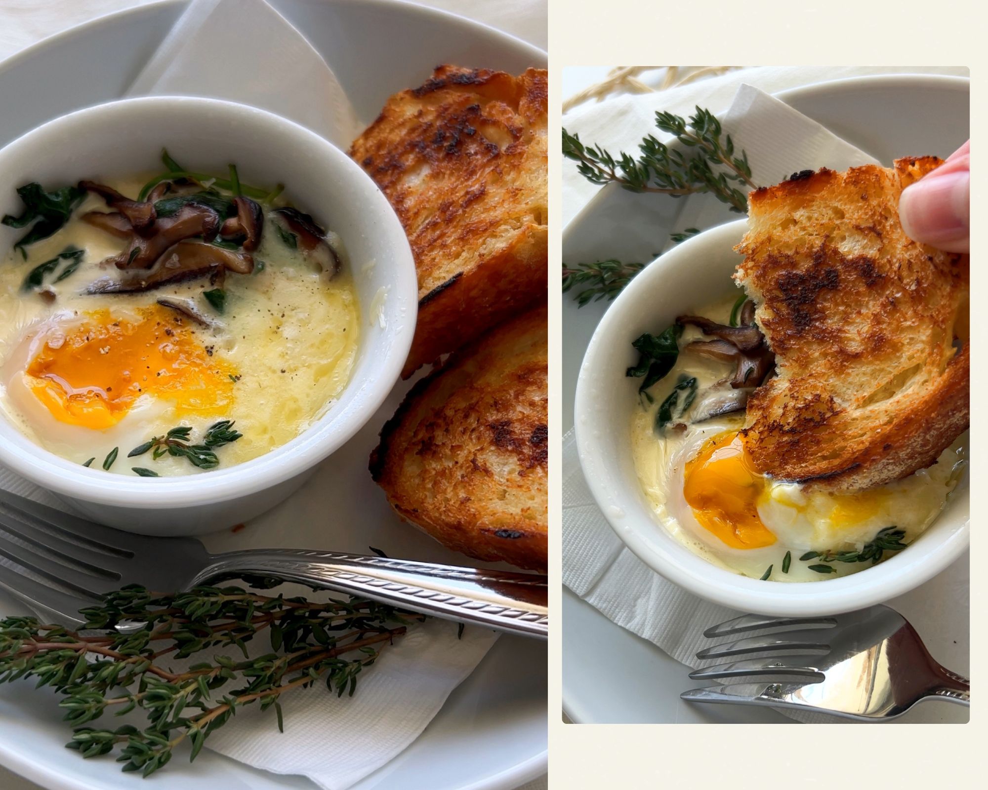 Two images, one featuring Lindsay Moser’s hand dipping into her Eggs en Cocotte using crusty bread; the eggs sit in a small bowl on a larger plate; based on the recipe for Cafe Casino.