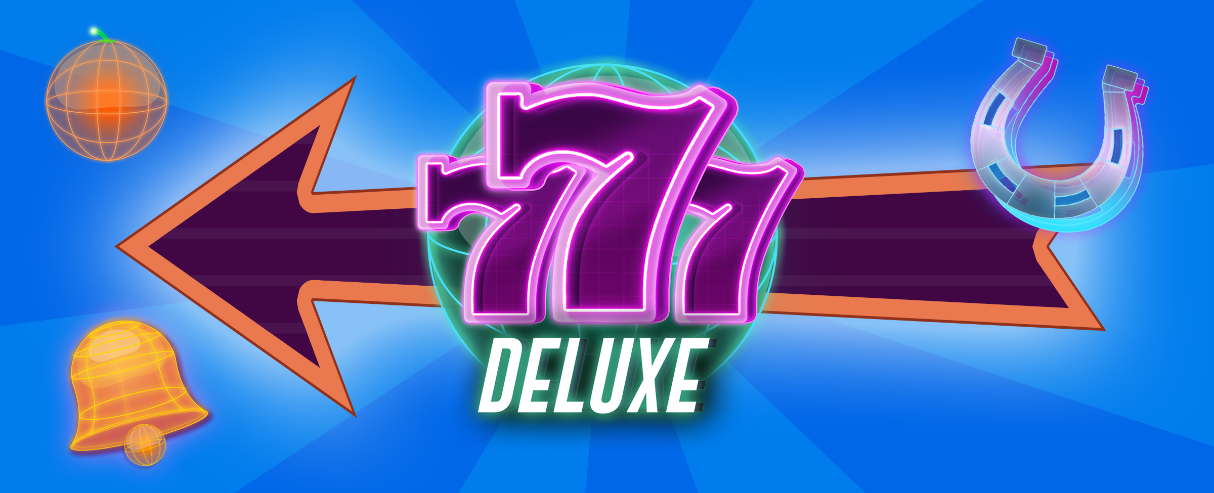 A blue background is overlaid by a purple arrow pointing to the left with a thick orange border. In front, we see the main logo from the Cafe Casino slots game, 777 Deluxe, showcasing a green-glowing globe, and three number sevens huddled together, glowing in neon purple. Below, the word “deluxe” is seen in bold, white capital letters. Surrounding the image are three icons from the game, including a silver horseshoe, a globe, and a gold bell.