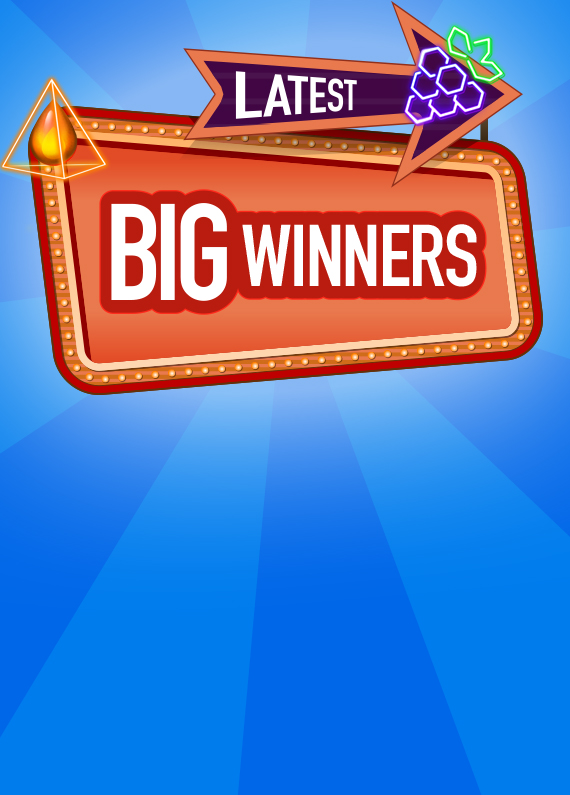An illustrated orange-red Vegas-style sign with a border containing illuminated light bulbs, displays “Big Winners” in bold letters with a red outline. A purple arrow reading “latest” overlays the sign. On either side are symbols from Cafe Casino slots: an orange flame within a triangle and a neon-purple-green berry. All this sits against a two-tone blue backdrop.