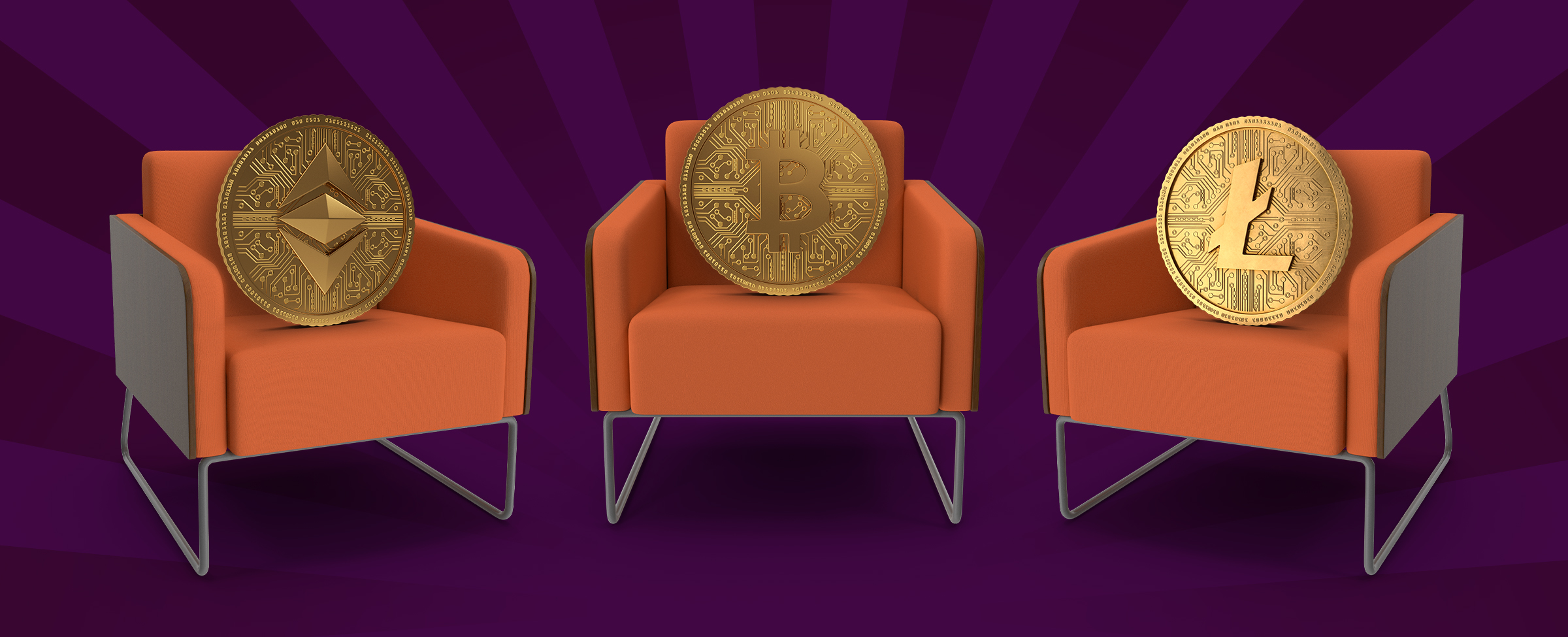 Three vintage-style orange padded are arranged side by side, each holding an oversized illustrated cryptocurrency coin including Bitcoin and Ethereum. Behind, we see a two-toned purple hue background.