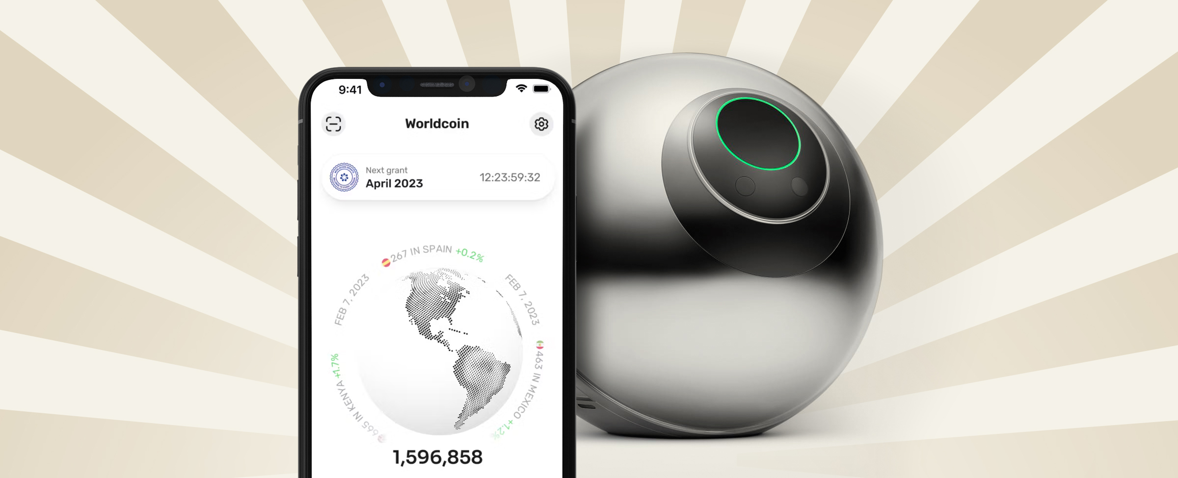 We see a mobile phone with the Worldcoin app open, displaying a gray globe of the world with various prices listed circling around it. To its right is a 3D-animated eye scanner in the form of a ball made of silver material, with a scanning lens on top with a green circle. Behind, is a duo-tone gold and silver striped background.