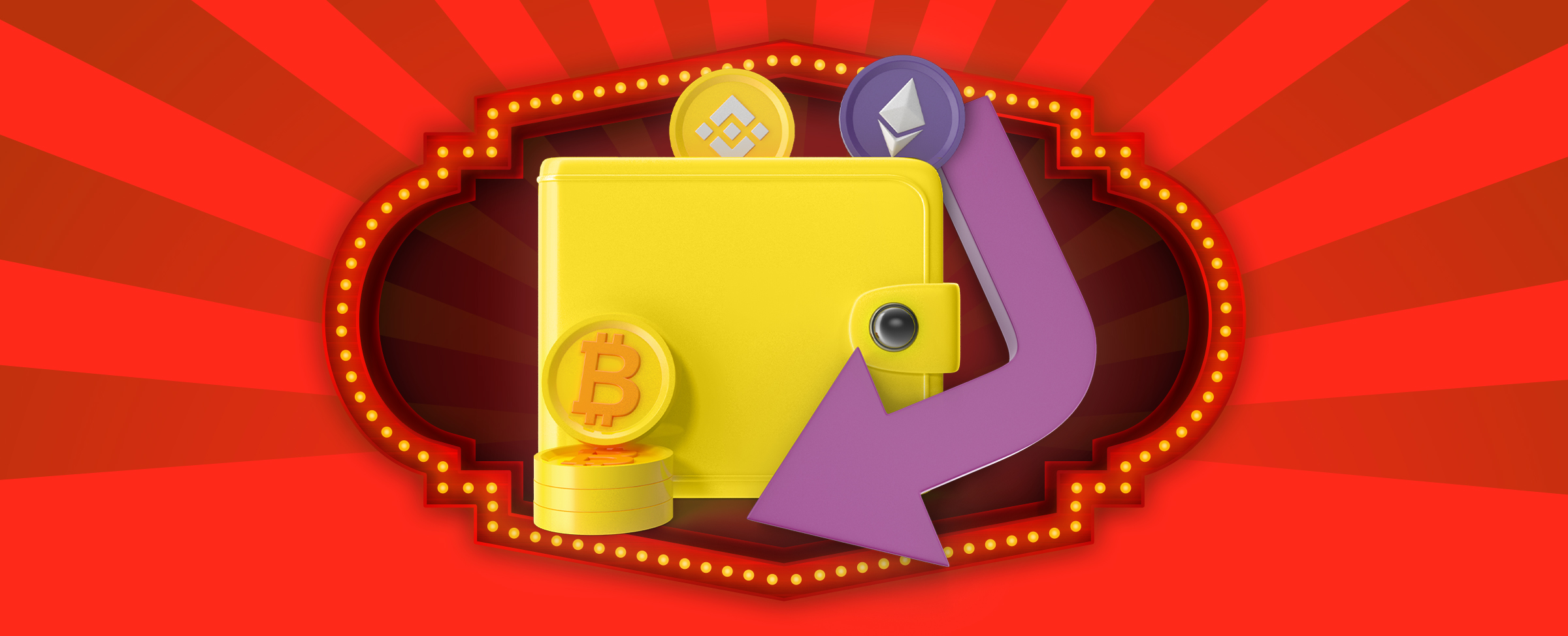 Resting against a 3D yellow wallet is a yellow bitcoin bearing an orange logo, positioned on top of a trio of identical coins. Peeking out from behind the wallet are two cryptocurrency coins, one in a rich purple hue with an Ethereum logo, and the other in a bright yellow. A bold, illustrated arrow emerges from behind the wallet, directing attention to the yellow bitcoins in the foreground. Behind is a bulb-illuminated frame, accompanied by a two-tone red striped horizon.