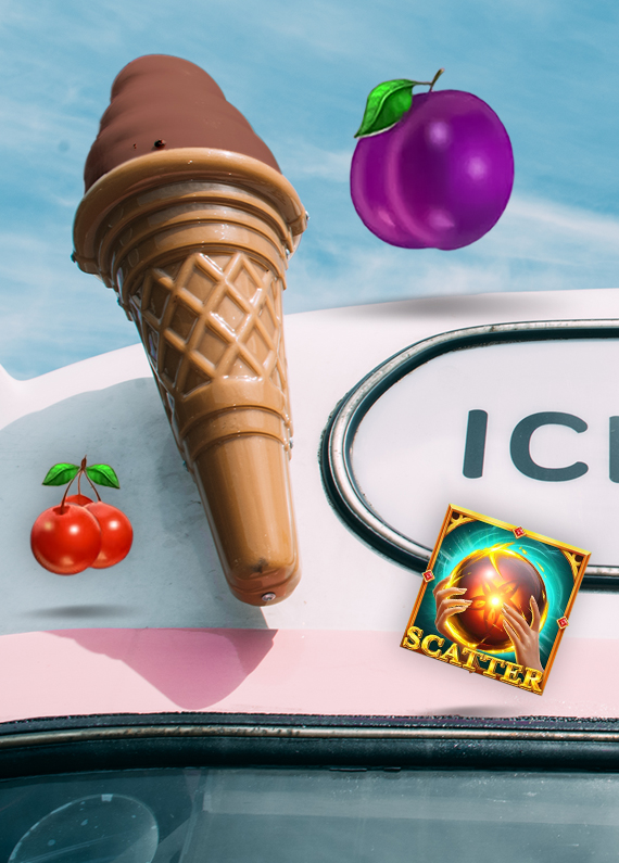 A pink and white retro ice cream van, with just the upper edge of the windscreen visible. An oversized plastic ice cream prop is affixed to the van, topped by a scoop of chocolate ice cream. Around are three game symbols from various Cafe Casino slots games including a purple plum, a trio of vibrant red cherries, and a scatter icon that depicts an illustration of hands cradling a glowing crystal ball. The backdrop is a blue sky with clouds.