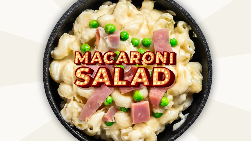 A black bowl filled with macaroni salad and the words 'Macaroni Salad' in Vegas-style lettering on top.