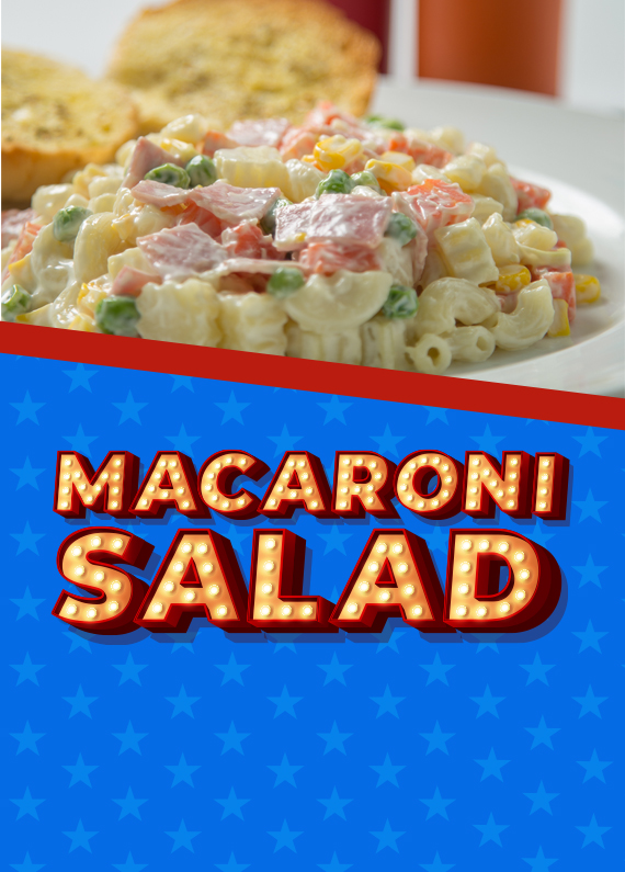 In this split-screen image, the left side presents a blue background with light blue stars, featuring an illustrated Vegas-style sign that reads "Macaroni Salad." On the right side, a plate of macaroni salad served in a white bowl.