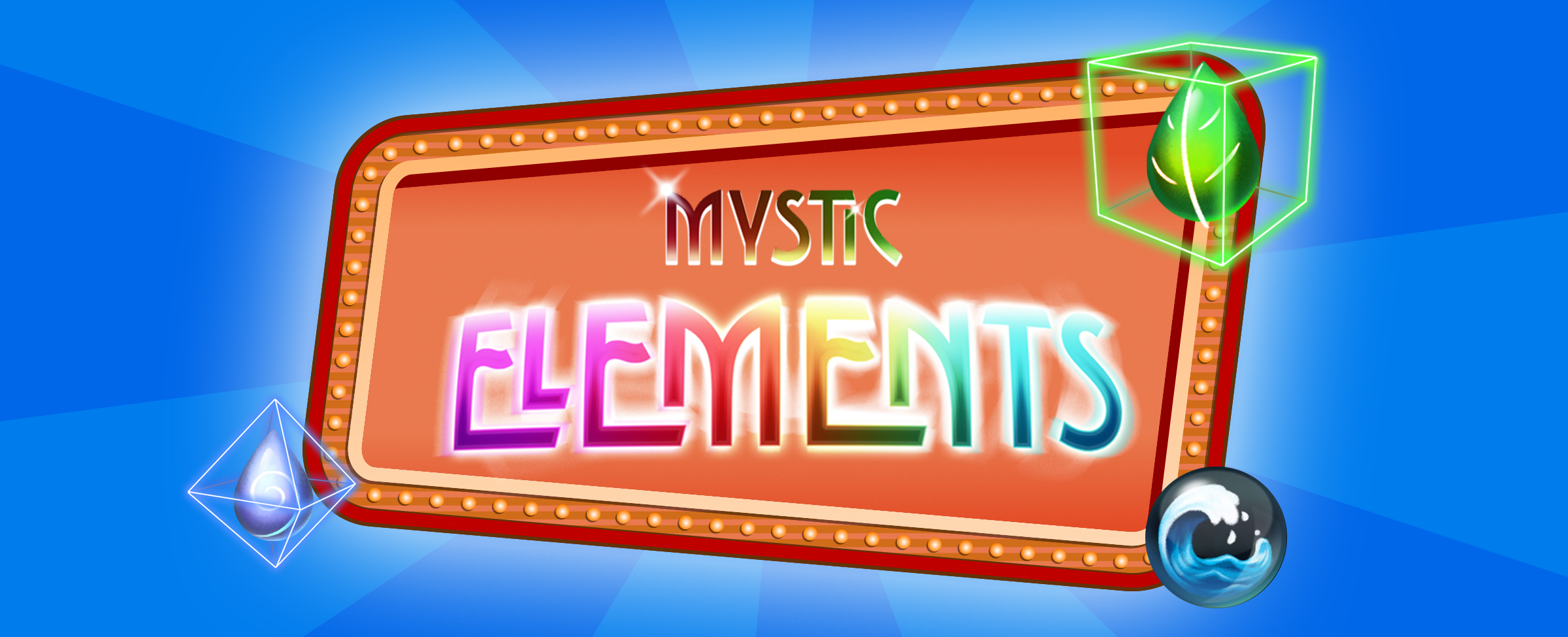 Hovering in the middle of a dual-toned blue background, is an illustrated orange and red Vegas-style sign with a border surrounded by lit-up bulbs. In the sign is the logo from the Cafe Casino slots game, Mystic Elements. Dotted around the sign are three game symbols including a blue wind, a green leaf, and a blue circular globe filled with an ocean wave.