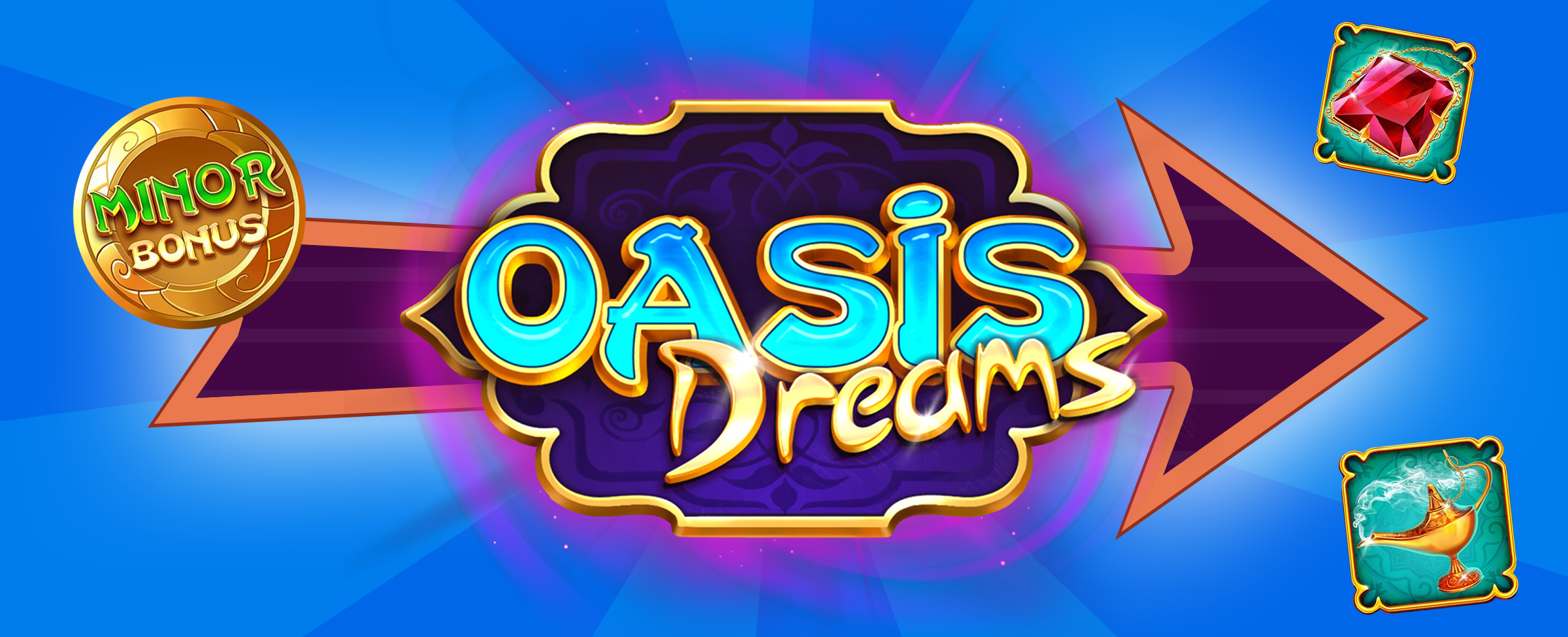 Set against a duo-tone blue background and a purple arrow with its tip pointed to the right, is the main logo from the Cafe Casino slots game, Oasis Dreams Hot Drop Jackpots. To the right are two game symbols featuring a red gem and a gold genie lamp, with a gold icon on the left with the words “minor bonus” stamped over the top.