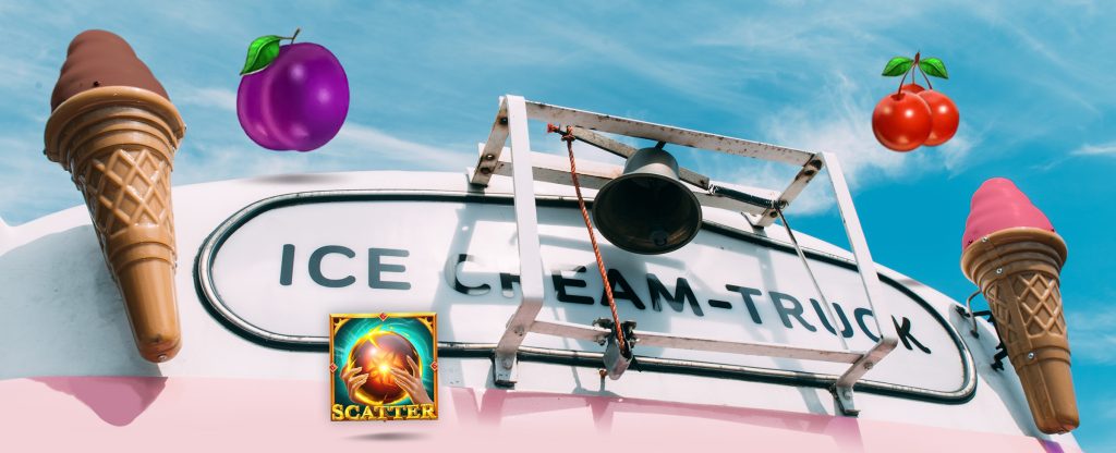 A retro pink and white ice cream truck. Two plastic ice cream cone props stand on either side of the front panel, decorated with ice cream scoops in chocolatey brown and soft pink. Around are symbols from Cafe Casino slots games including a vibrant purple plum and a pair of red cherries. In the distance a clear, blue sky, with sparse clouds.