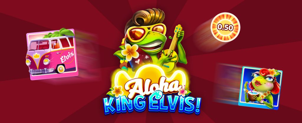 A cartoon frog Elvis impersonator from the Cafe Casino online slots game Aloha King Elvis; slots symbols surround the logo.