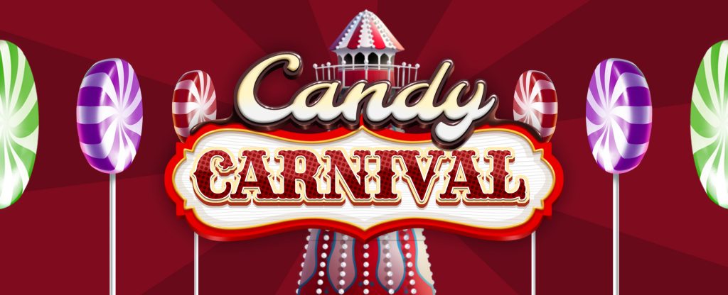 We see a circus tent top standing tall in red and white printed canvas panels, with lights streaming down the sides. In front, is the logo from the Cafe Casino slots game, Candy Carnival. The text, Candy, is written in fun bubbly font, while the word ‘carnival’ sits inside a vintage, circus-style sign with a red border. Surrounding it are lollipops with swirled candy patterns in green, purple and red. Behind, is a two-shaded red striped background.