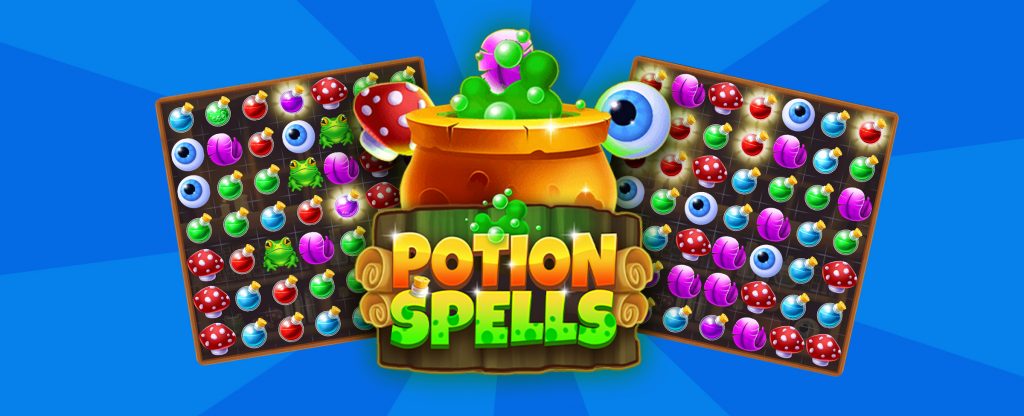 A cauldron bubbles up with the ‘Potion Spells’ game logo from Cafe Casino overlaid, flanked by various game symbols, all set against a blue background.