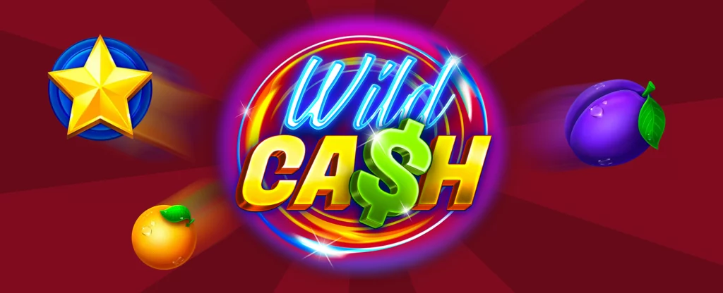 The animated logo from the Cafe Casino slots game ‘Wild Cash’ is featured in neon, surrounded by three game symbols, set against a maroon background.