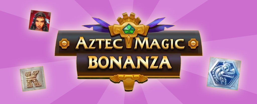 The logo from the Cafe Casino slots game, Aztec Magic Bonanza, surrounded by three feature symbols found in the game, including a silver dragon, a letter ‘K’ carved in stone, and a female warrior.