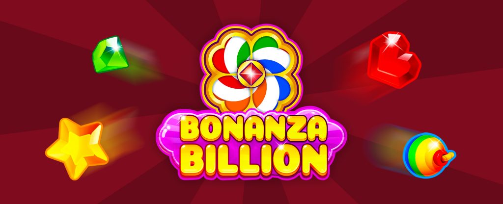 The logo from the Cafe Casino slots game, Bonanza Billion, in yellow, fun font, is set against a purple bubble. Above is a colorful pinwheel, and surrounding are four game symbols including a gold star, a green gem, a red ruby, and a ball with a lit fuse. Behind we see a two-tone red background.