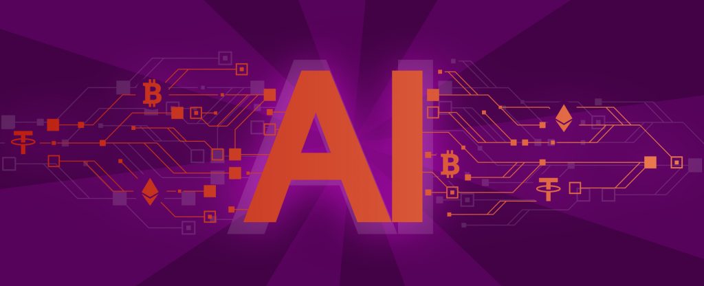 The abbreviation ‘AI’ sits between lines and symbols related to cryptocurrency and blockchain, set against a purple background.