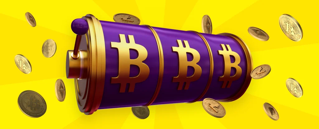 A purple slot reel with bitcoin logos is surrounded by gold coins, set against a yellow background.