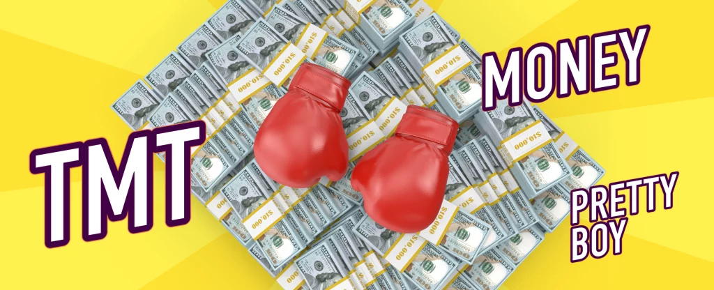 Red boxing gloves sit atop a vast pile of cash, surrounded by text ‘TMT’, ‘Money’, and ‘Pretty Boy’, set against a yellow background.