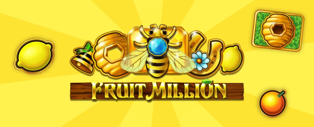 A bumblebee sits atop symbols from the Cafe Casino Fruit Million slots game, of which the logo is written below, set against a yellow background.