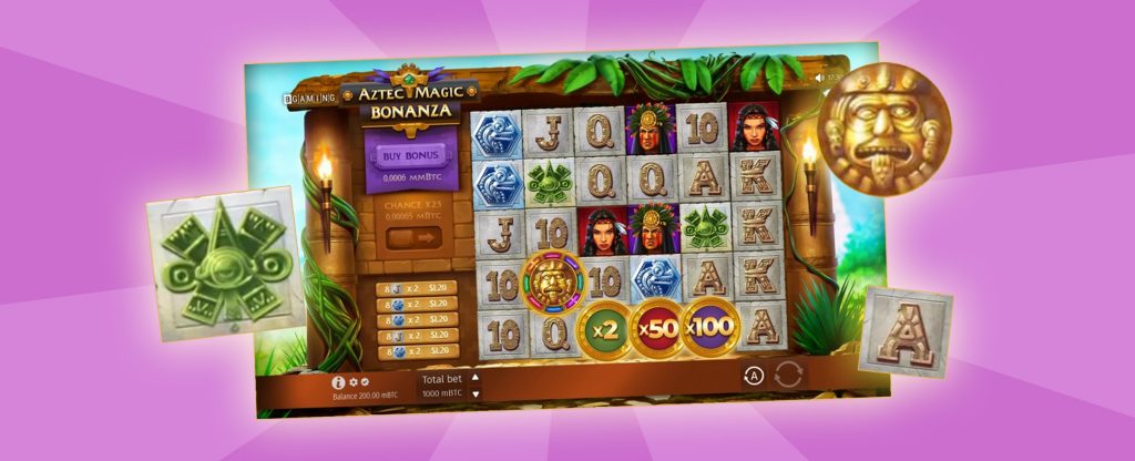 Gameplay from the Cafe Casino slots game, Aztec Magic Bonanza. Featured is a six reel by five row board, showing various symbols including carved stone letters, female and male warriors, dragons, and x2, x50 and x100 tokens, along with a menu to the left showing various bonuses.