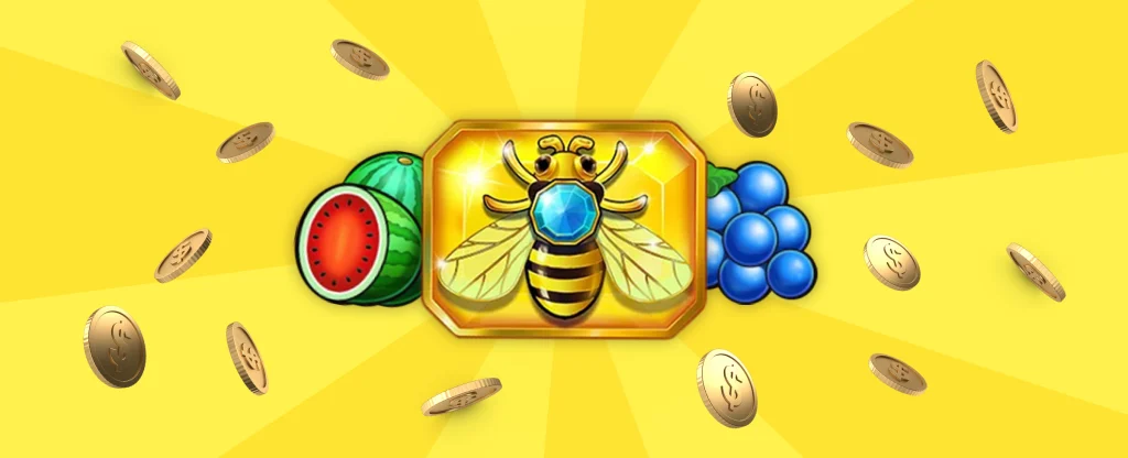 A bumblebee sits atop a golden gem flanked by a watermelon and grapes, surrounded by falling gold coins, set against a yellow background.