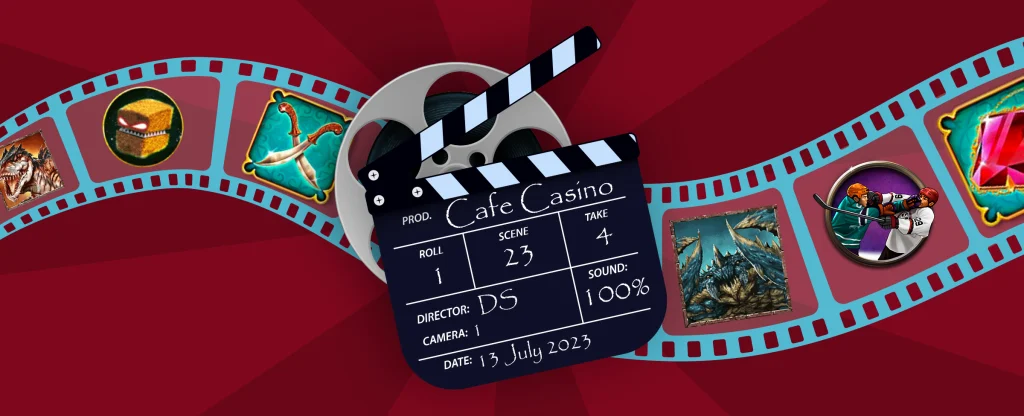 A clapperboard sits on top of an animated film reel set against a red background.