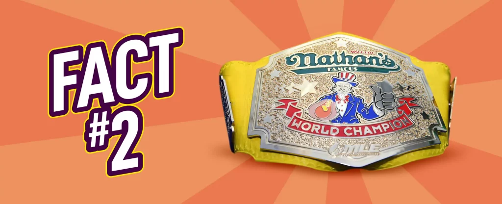 To the right of this image, we see a large, yellow fighter’s belt with a championship buckle at the front, featuring an emblem that says ‘Nathan’s World Champion’, with an embossed image of Uncle Sam. To the left we see the phrase ‘fact #2’ in large, bold white text with purple and yellow borders, while behind is a two-toned orange background.