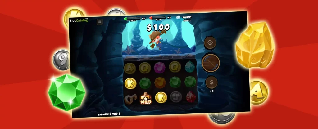 Featured in the middle of this image is a screenshot of the Cafe Casino slots game, Gold Rush Gus, showcasing the slot game reels. Surrounding the game are symbols including green and gold gems, with silver and gold icons peeking out from the sides. Behind is a two-toned red background.