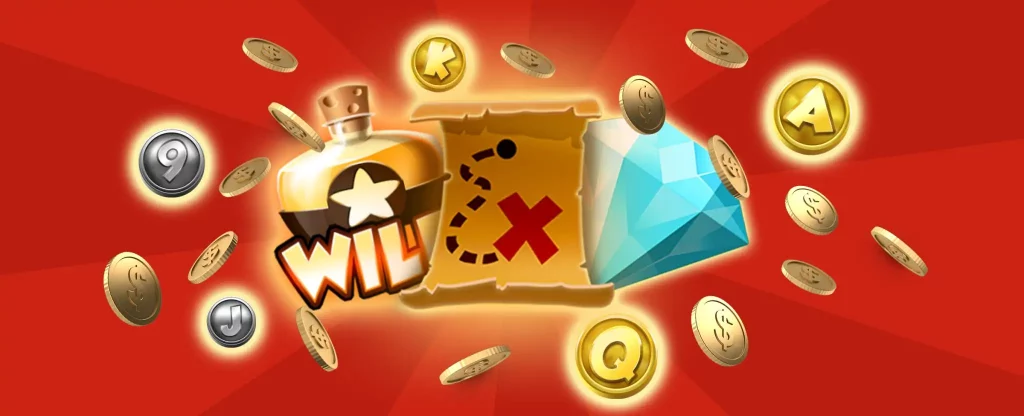 Overlaid against a red, two-toned background is an illustrated treasure map, with a moonshine bottle and a large diamond on either side. Surrounding it are falling gold coins, and various symbols from the Cafe Casino slot game, Gold Rush Gus.