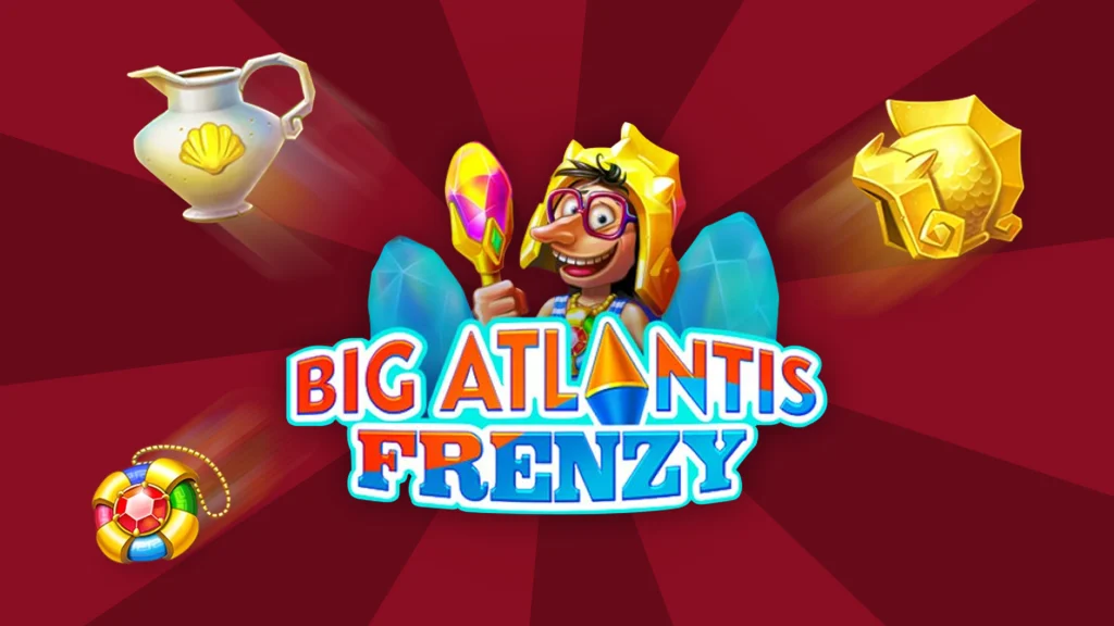 The words ‘Big Atlantis Frenzy’ feature atop a cartoon character and Cafe Casino slots game symbols, set against a maroon background.