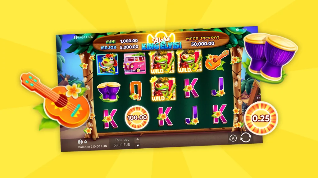 The slot game screen from Aloha King Elvis shows various reels with their respective icons, set against a yellow background.