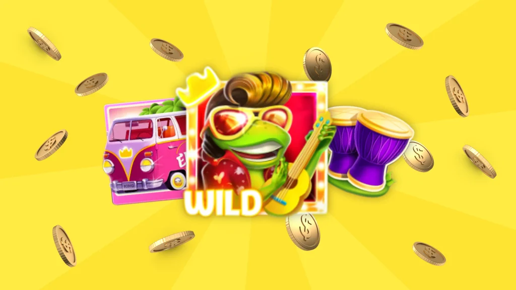 A cartoon frog in an Elvis costume appears in a square frame with the word ‘Wild’ overlaid, flanked by online slots symbols and falling coins, set against a yellow background.
